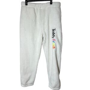 Teddy Fresh XL Off White Sherpa Fuzzy Sweat Pants Rainbow Logo Streetwear Campus